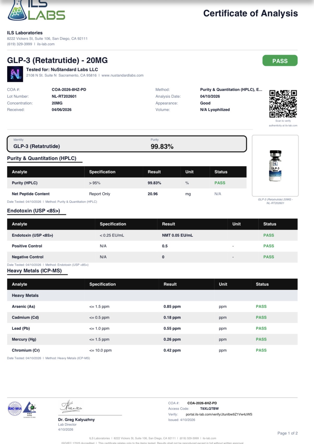 Sample Certificate of Analysis from ILS Laboratories for Retatrutide 20MG